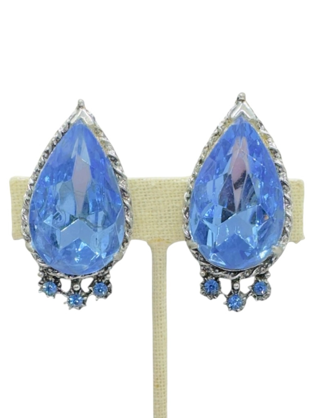 Vintage Large Art Deco Style Sapphire Blue Rhinestone Clip On Earrings